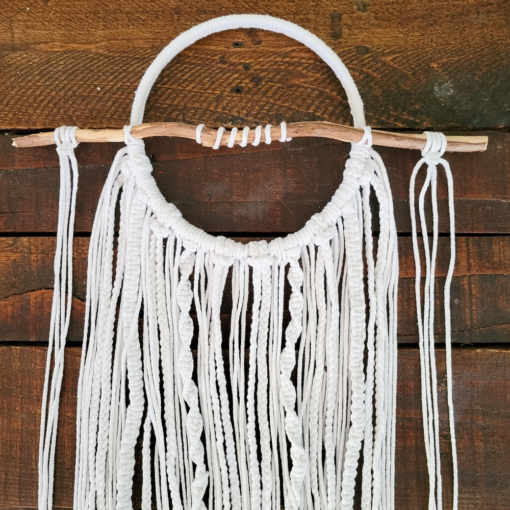 boho halloween | handmade macrame dreamcatcher with driftwood in bright white